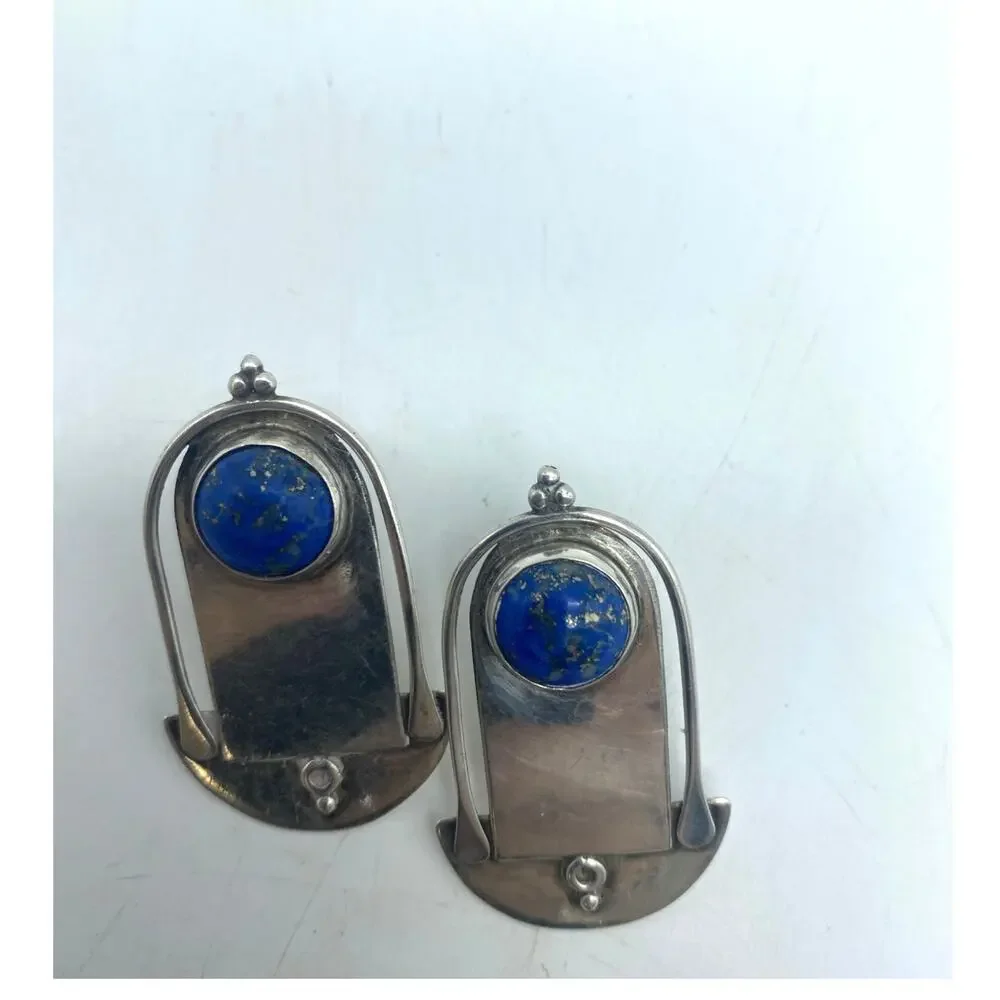 Modernist Sterling and Lapis Lazuli Katherine Palmer‎ pierced Earrings signed